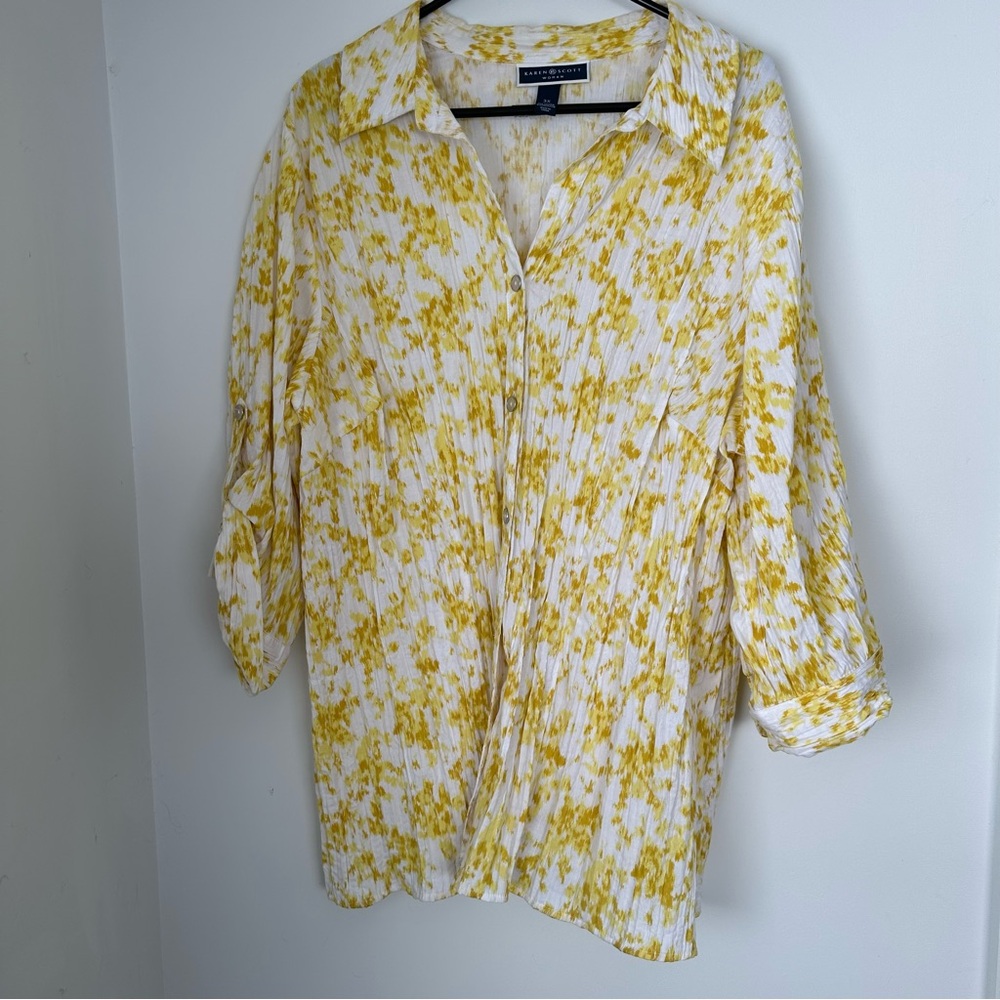 Karen Scott White and Yellow Puff‎ Sleeve Blouse
